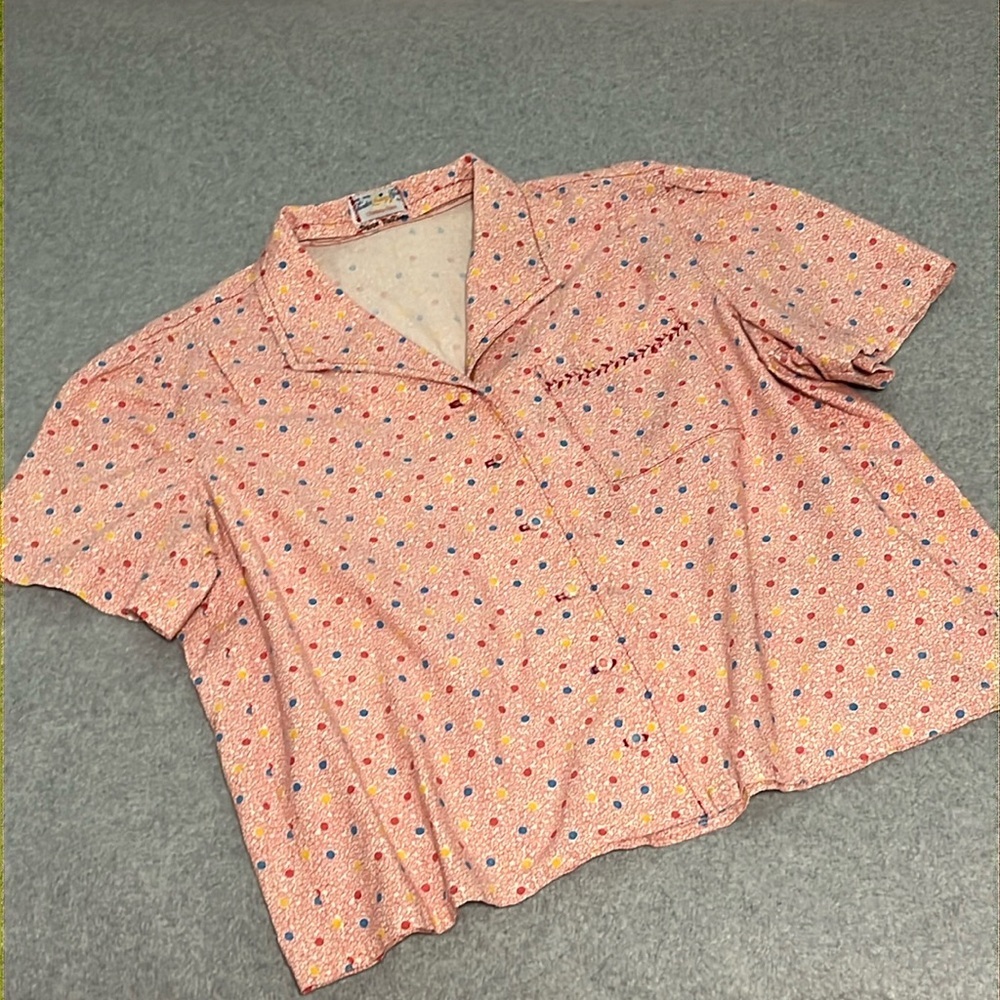 Button Front Top Womens 1X Pink Ditzy Floral Polkadot Grandma Indie Grunge